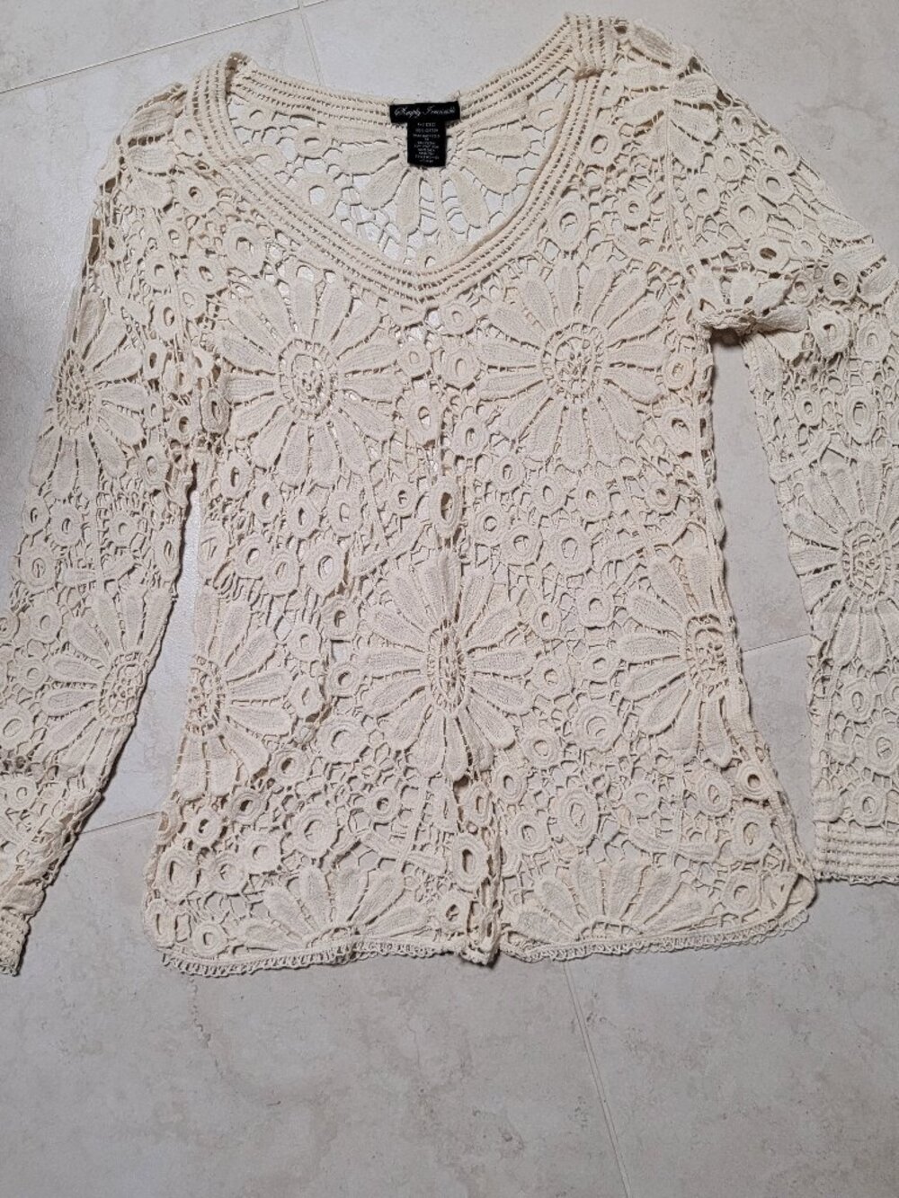 Crochet Top Womens Large Ivory Sheer Floral Romantic Boho Fairy Cottagecore - Picture 2 of 8